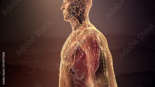 Drugs promote the circulation of qi and blood in meridians, blood vessels purify blood, Chinese medicine meridians of human body, 3D animation rendering