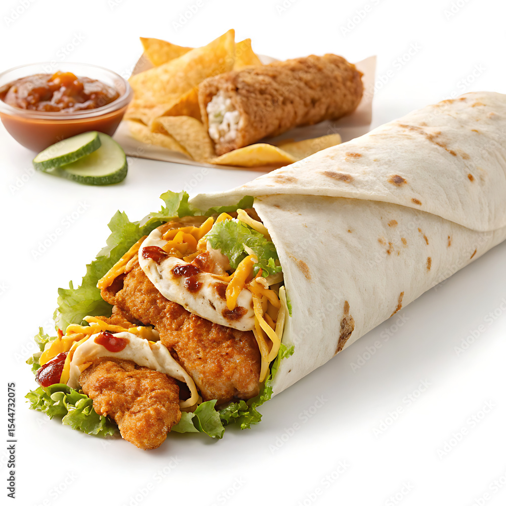 Mexican chicken tortilla wraps: a vibrant meal or snack with fresh vegetables and spicy meat Mexican chicken tortilla wraps: a vibrant meal or snack with fresh vegetables and spicy meat