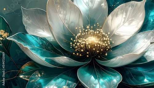 Elegant Teal and Gold Flower Painting Artistic Floral Design with Metallic Accents