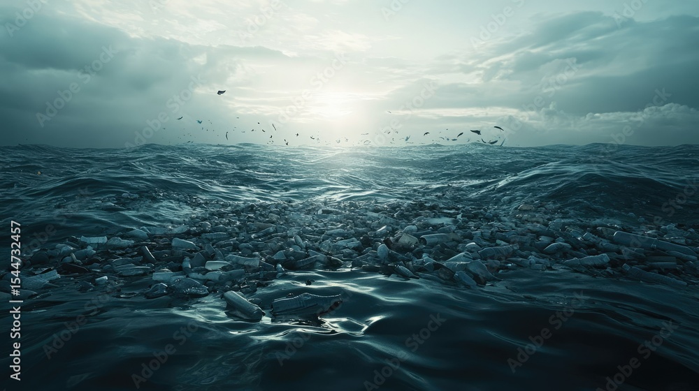 Fototapeta premium Ocean Pollution with Debris and Plastic Waste Under Dramatic Sky with Clouds at Dusk Creating a Somber Atmosphere of Environmental Concern