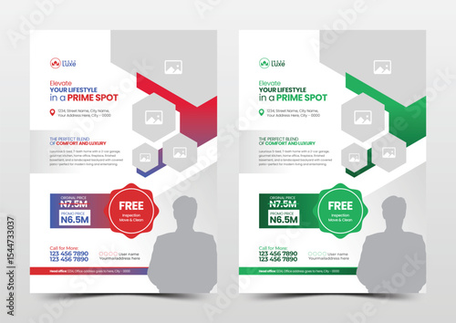 Geometric real estate flyer layout designed with polygon shapes in red and green theme for property promotion