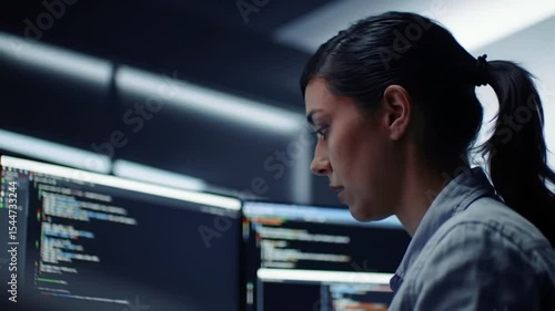 Focused cybersecurity professional examining code on multiple computer screens
