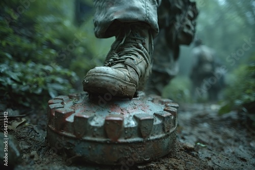 Soldier carefully placing a boot on an anti personnel mine during a dangerous patrol in a dense jungle, emphasizing the risks faced by military personnel in hostile environments