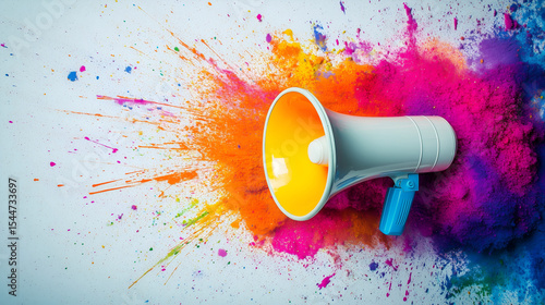 Vibrant Color Explosion Emanating from Megaphone, Announcing Exciting News and Marketing Strategy, Dynamic Communication Concept, Bold Visual Impact, Advertising and Promotion Theme