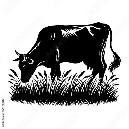 Black and white silhouette of cow grazing in grass