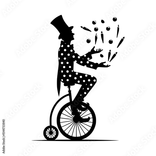 Silhouette of a juggling circus performer on a unicycle