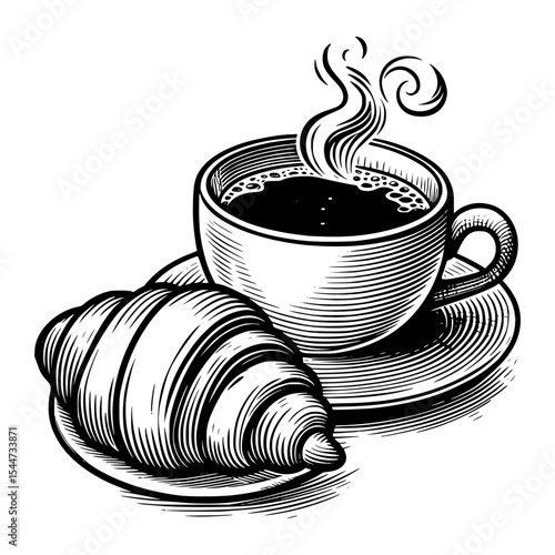 Coffee cup and croissant breakfast illustration