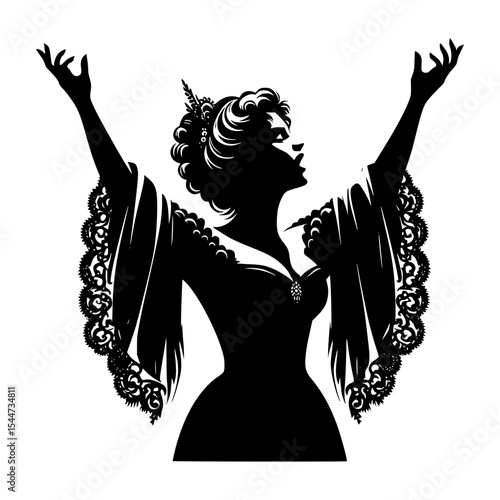 Silhouette of a woman in elegant gown singing