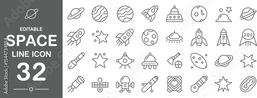 Space line icon set featuring planets rockets and stars