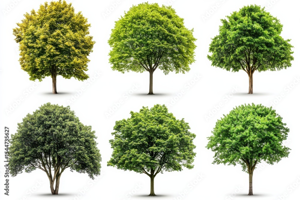 Six diverse trees stand tall each a unique testament to the beauty in nature s in white background. Generative Ai Six diverse trees stand tall each a unique testament to the beauty in nature s in white background. Generative Ai