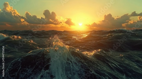 Majestic Sunset Over Ocean Waves with Dramatic Clouds Illuminated by Warm Morning Light Capturing the Beauty of Nature's Serene Landscape