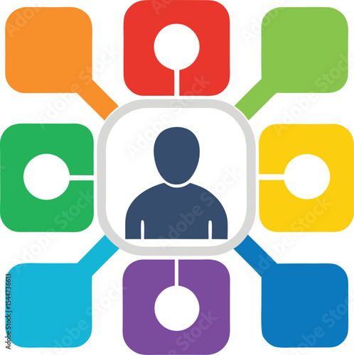 Colorful network diagram showing a central person connected to eight different nodes