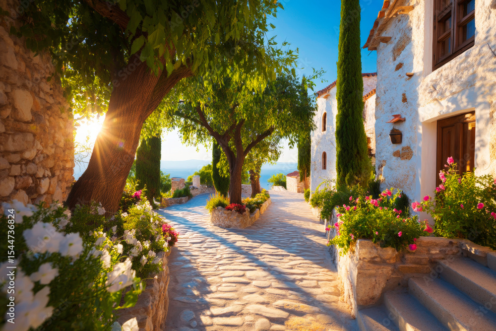 Obraz premium Mediterranean Village Sunlit Cobblestone Street Lush Gardens and Whitewashed Houses