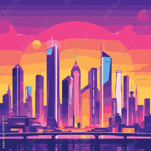 Stylized Futuristic Cityscape with Abstract Sunset