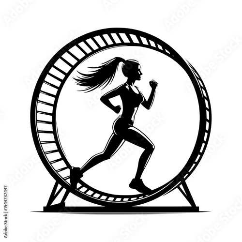 Silhouette of woman running in a hamster wheel
