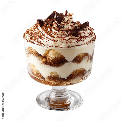 A glass dessert dish filled with tiramisu topped with chocolate shavings and whipped cream layers on transparent background