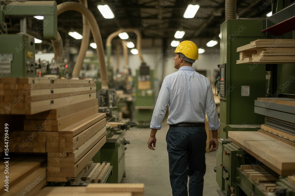 Industrial worker supervising automated machines while walking through woodworking factory Industrial worker supervising automated machines while walking through woodworking factory