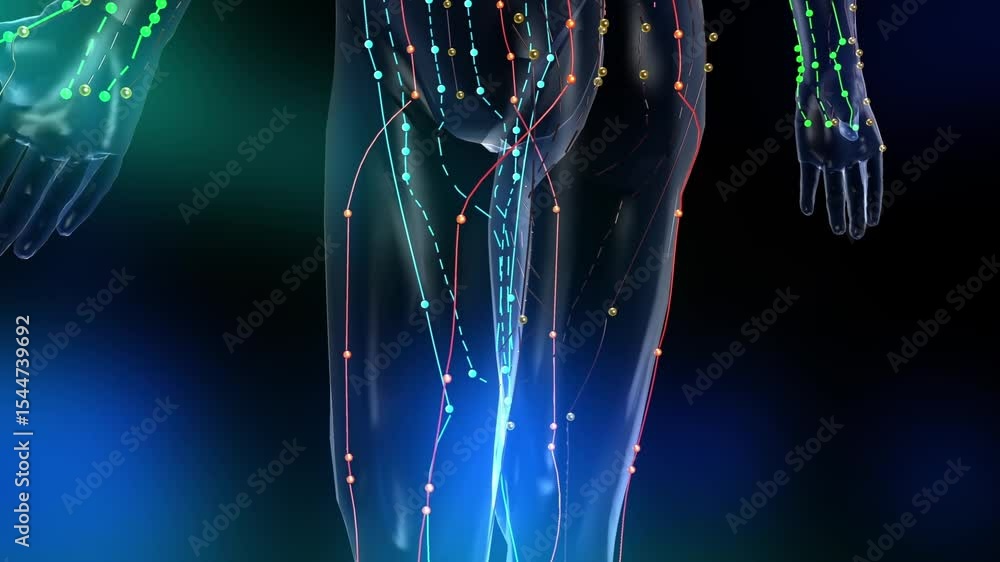 Drugs promote the circulation of qi and blood in meridians, blood vessels purify blood, Chinese medicine meridians of human body, 3D animation rendering