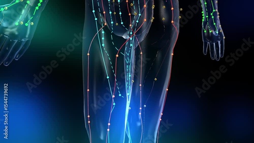 Drugs promote the circulation of qi and blood in meridians, blood vessels purify blood, Chinese medicine meridians of human body, 3D animation rendering