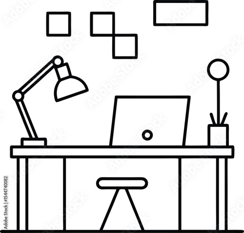 Minimal Office Desk Line Art Outline Vector, Work From Home Setup Illustration Black and White, Modern Workspace Desk Outline for Coloring Page.