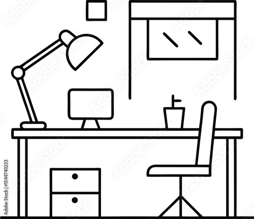 Minimal Office Desk Line Art Outline Vector, Work From Home Setup Illustration Black and White, Modern Workspace Desk Outline for Coloring Page.