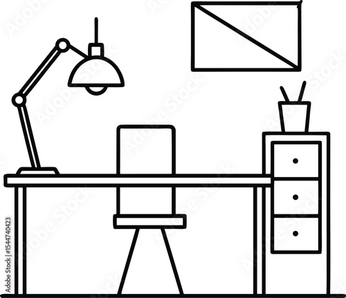 Minimal Office Desk Line Art Outline Vector, Work From Home Setup Illustration Black and White, Modern Workspace Desk Outline for Coloring Page.