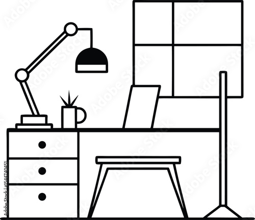 Minimal Office Desk Line Art Outline Vector, Work From Home Setup Illustration Black and White, Modern Workspace Desk Outline for Coloring Page.
