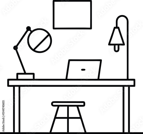 Minimal Office Desk Line Art Outline Vector, Work From Home Setup Illustration Black and White, Modern Workspace Desk Outline for Coloring Page.
