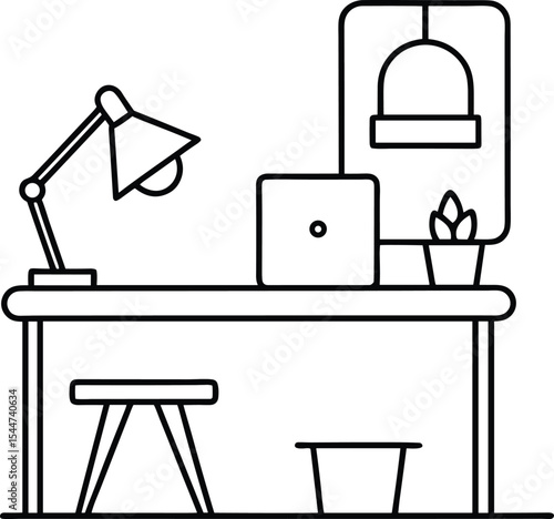 Minimal Office Desk Line Art Outline Vector, Work From Home Setup Illustration Black and White, Modern Workspace Desk Outline for Coloring Page.