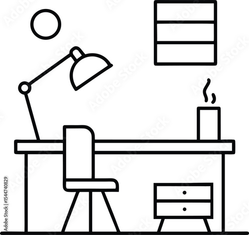 Minimal Office Desk Line Art Outline Vector, Work From Home Setup Illustration Black and White, Modern Workspace Desk Outline for Coloring Page.