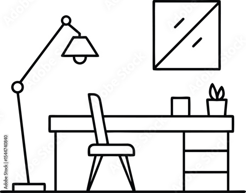 Minimal Office Desk Line Art Outline Vector, Work From Home Setup Illustration Black and White, Modern Workspace Desk Outline for Coloring Page.