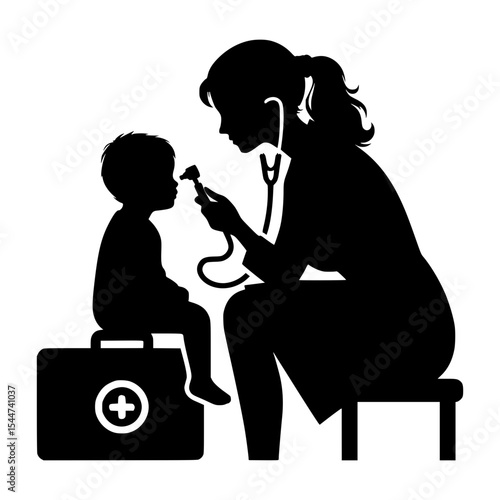 Doctor examining child with otoscope and stethoscope