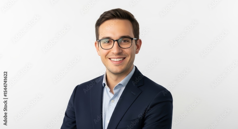 Professional portrait of a young man wearing glasses and a navy blue suit jacket attire Professional portrait of a young man wearing glasses and a navy blue suit jacket attire