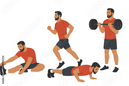 Illustrations of athletic men in sportswear, engaged in various physical activities, including strength training and cardio exercises, are showcased in a vector set, highlighting the diversity of