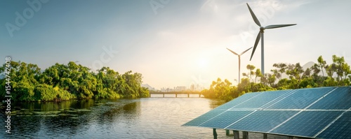 Solar panels and wind turbines harness renewable energy near a lush river with a distant city skyline under a clear sky.