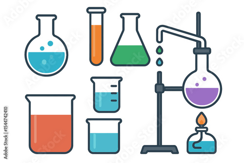 Chemical or biological research processing utilizes equipment such as flasks, beakers, and burner science instruments on a white background, represented in vector form