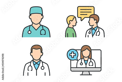 A set of linear icons representing doctors, medical specialists, and patient consultations is available, including an online support symbol and a speech bubble for medicine information, all in