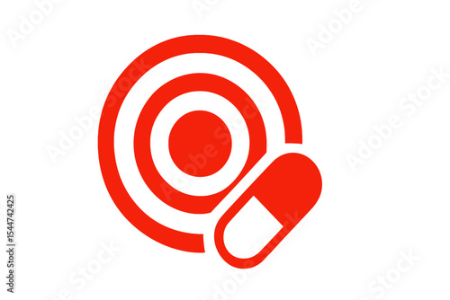 Vector red circle icon represents medical pain relief through analgetic medication and serves as a target symbol for pill design templates addressing body or joint pain and headaches