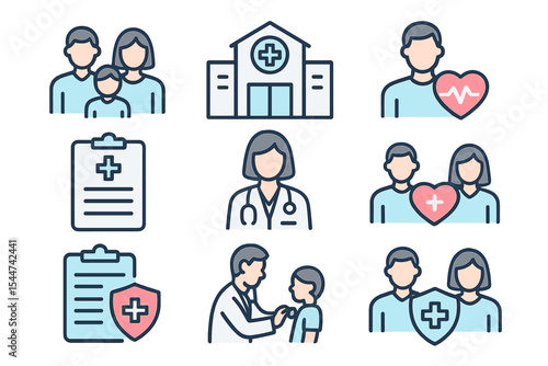 A set of family health clinic icons is available, featuring outline vectors for web design on a white background