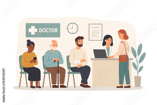 People wait in the hospital reception area, including patients in a doctor's waiting room and hospitalized individuals, representing a healthcare vector concept