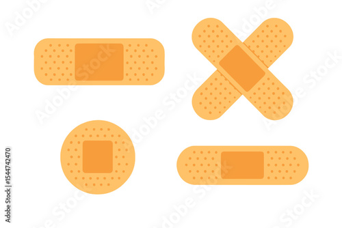 An artistic vector depiction of an elastic medical plaster set, presented in isolation on a transparent backdrop, showcasing a creative design for medical adhesive bandages in various shapes