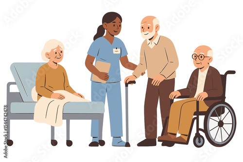 A nurse is caring for elderly patients in a hospital, as depicted in a vector flat cartoon illustration