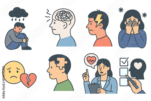 A collection of concepts related to mental health and psychology, including various mental health issues, psychological disorders, and treatment methods