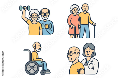 A set of flat line icons for senior citizens, including an old man and woman exercising, active grandparents, a wheelchair, and illustrations related to Alzheimer's and nursing home care, is
