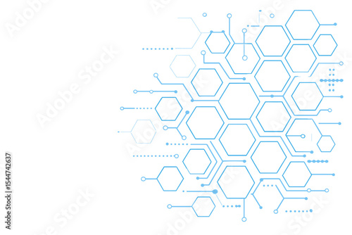 A design featuring a white background and a blue tech pattern made up of hexagons
