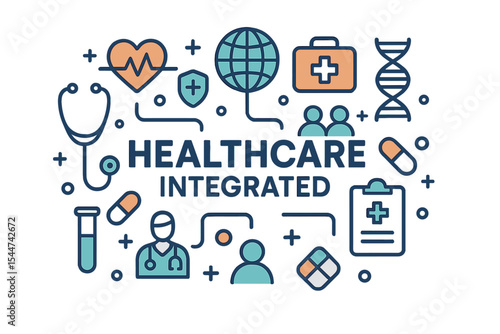 Thin line symbols for healthcare are integrated in a modern linear style vector concept, featuring connected flat design icons