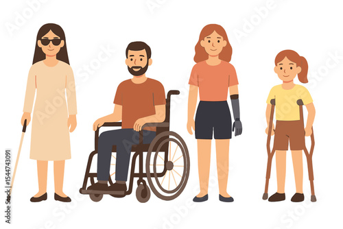 The image depicts various disabled characters, including a blind woman with a cane, a man in a wheelchair, a woman with a robotic hand prosthesis, and a girl on crutches