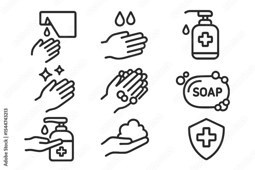 Fototapeta premium This vector line icon set is focused on hand washing and includes symbols like washing instructions, antiseptic, and soap, all of which can be edited and customized, with a pixel-perfect resolution