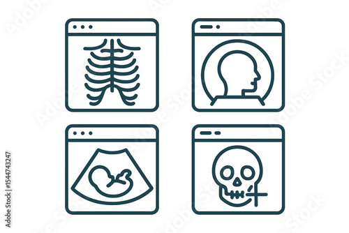 A set of square line vector icons related to medical imaging