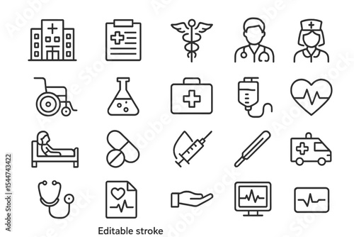 A set of editable stroke outline icons for hospital and medical health care is presented in a flat vector illustration isolated on a white background, with pixel perfection at 64 x 64 resolution